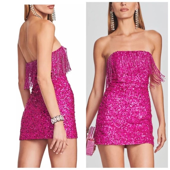 Strapless Pink Sequin Beaded Fringe Dress Medium NWT - Picture 1 of 12